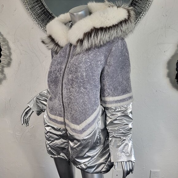 MITCHIE'S~M/L~SILVER GRAY GENUINE SHEARLING REAL FOX FUR HOODED PARKA COAT - Picture 9 of 16